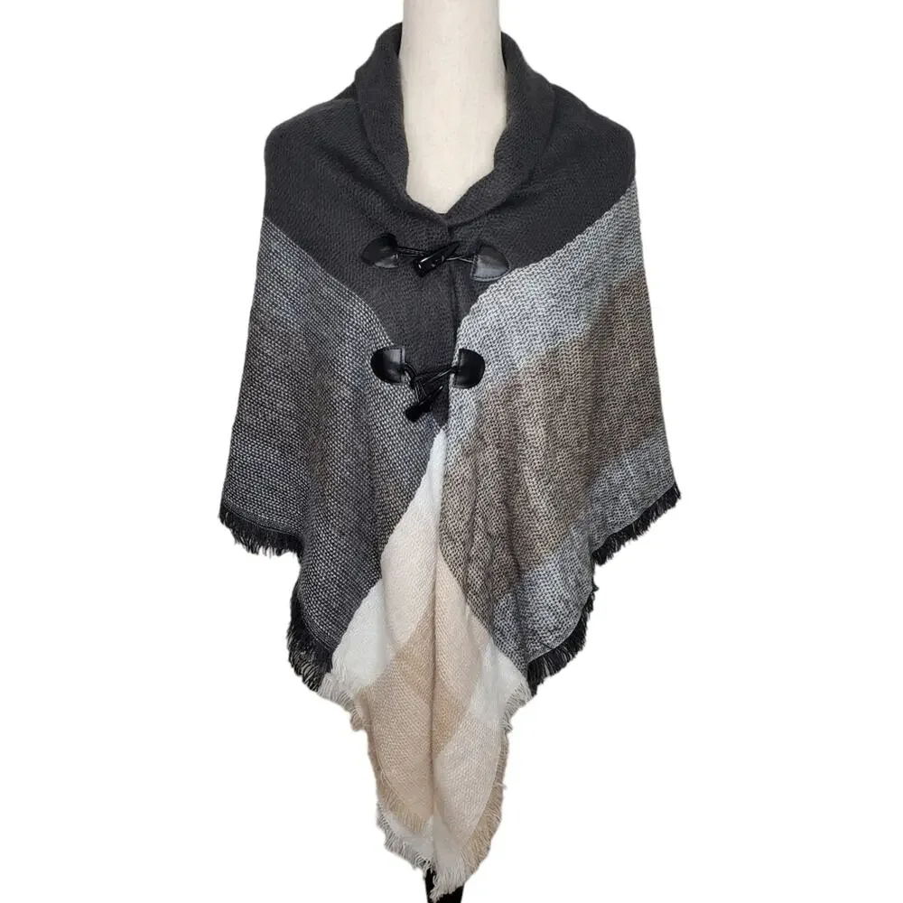 Knit Poncho Wrap with Two Button Closure